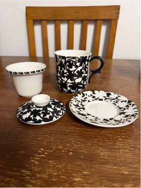 Gracie China by Coastline Imports Tea Mug Infuser Lid Saucer Black White Floral